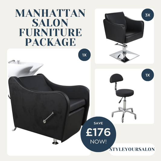 Manhattan Complete Salon Furniture Package - 3 Chairs, Backwash Unit & Stool